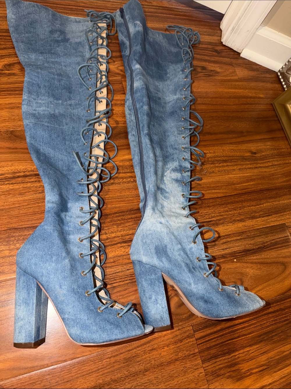 Fashion Nova Denim Lace-Up Peep Toe Over-The-Knee Heeled Boots - Blue